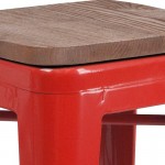 24" High Backless Red Metal Counter Height Stool with Square Wood Seat