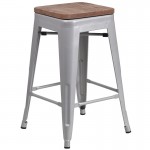 24" High Backless Silver Metal Counter Height Stool with Square Wood Seat