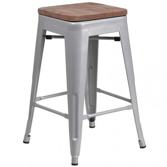 24" High Backless Silver Metal Counter Height Stool with Square Wood Seat