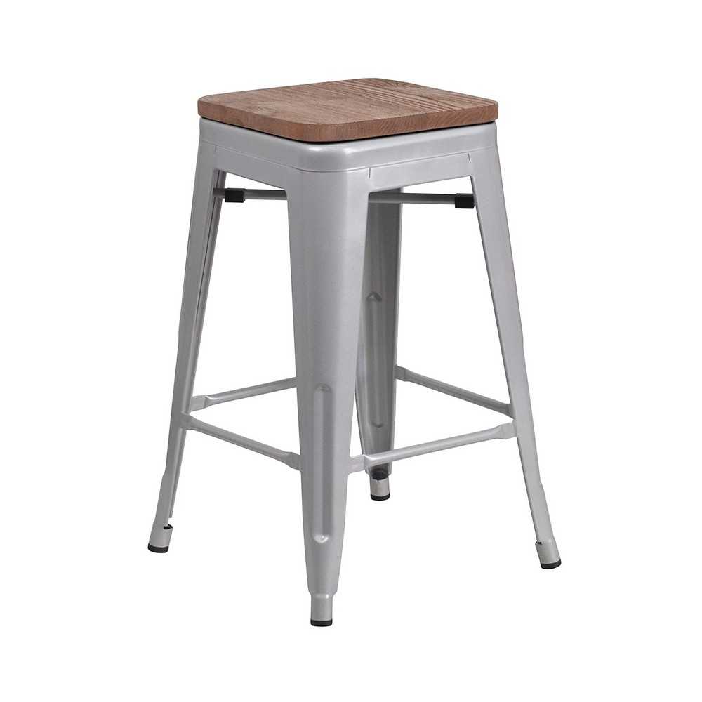 24" High Backless Silver Metal Counter Height Stool with Square Wood Seat