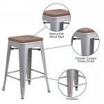 24" High Backless Silver Metal Counter Height Stool with Square Wood Seat