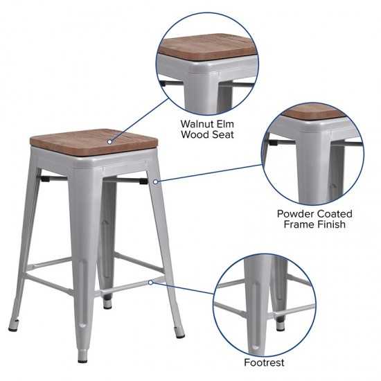 24" High Backless Silver Metal Counter Height Stool with Square Wood Seat