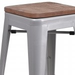 24" High Backless Silver Metal Counter Height Stool with Square Wood Seat