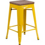 24" High Backless Yellow Metal Counter Height Stool with Square Wood Seat