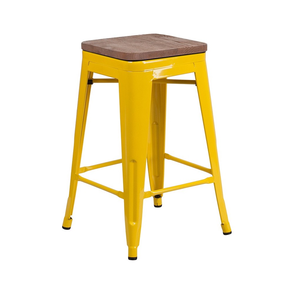 24" High Backless Yellow Metal Counter Height Stool with Square Wood Seat