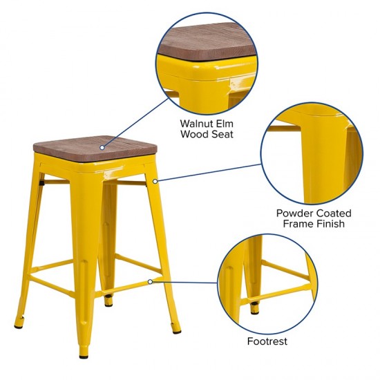 24" High Backless Yellow Metal Counter Height Stool with Square Wood Seat