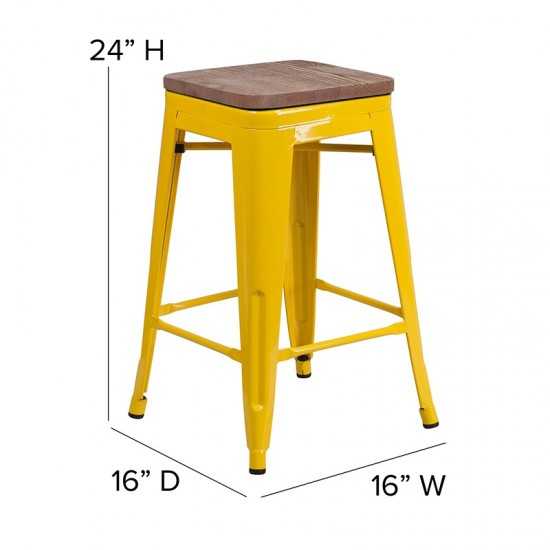 24" High Backless Yellow Metal Counter Height Stool with Square Wood Seat