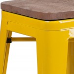 24" High Backless Yellow Metal Counter Height Stool with Square Wood Seat