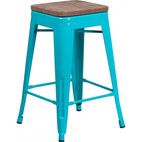 24" High Backless Crystal Teal-Blue Counter Height Stool with Square Wood Seat