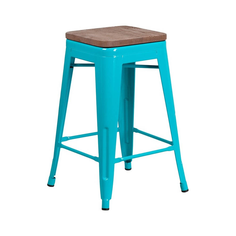 24" High Backless Crystal Teal-Blue Counter Height Stool with Square Wood Seat 24" High Backless Crystal Teal-Blue Counter Height Stool with Square Wood Seat