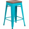 24" High Backless Crystal Teal-Blue Counter Height Stool with Square Wood Seat