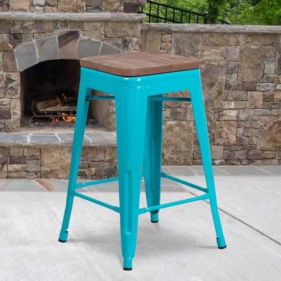 24" High Backless Crystal Teal-Blue Counter Height Stool with Square Wood Seat