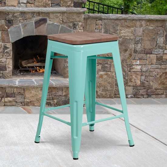 24" High Backless Mint Green Counter Height Stool with Square Wood Seat