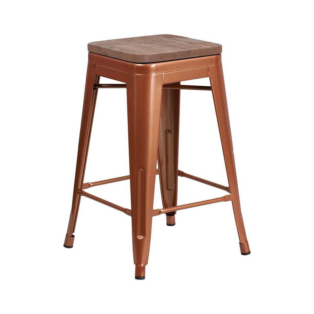 24" High Backless Copper Counter Height Stool with Square Wood Seat