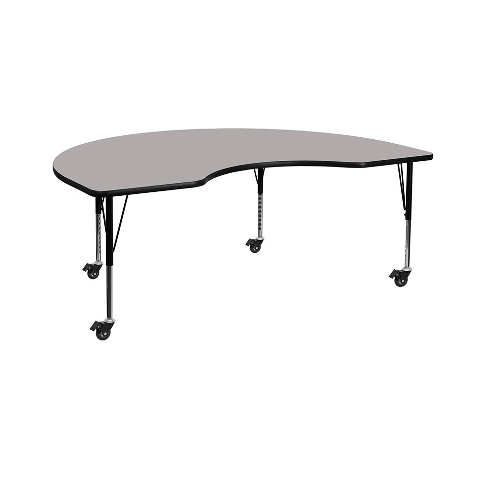 Mobile 48''W x 72''L Kidney Grey HP Laminate Activity Table - Height Adjustable Short Legs