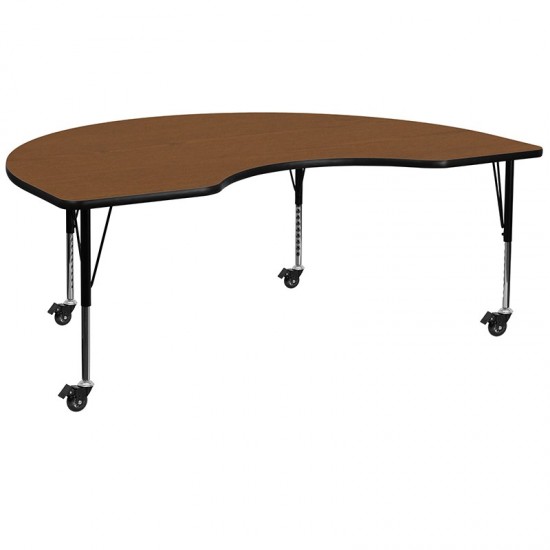 Mobile 48''W x 72''L Kidney Oak HP Laminate Activity Table - Height Adjustable Short Legs