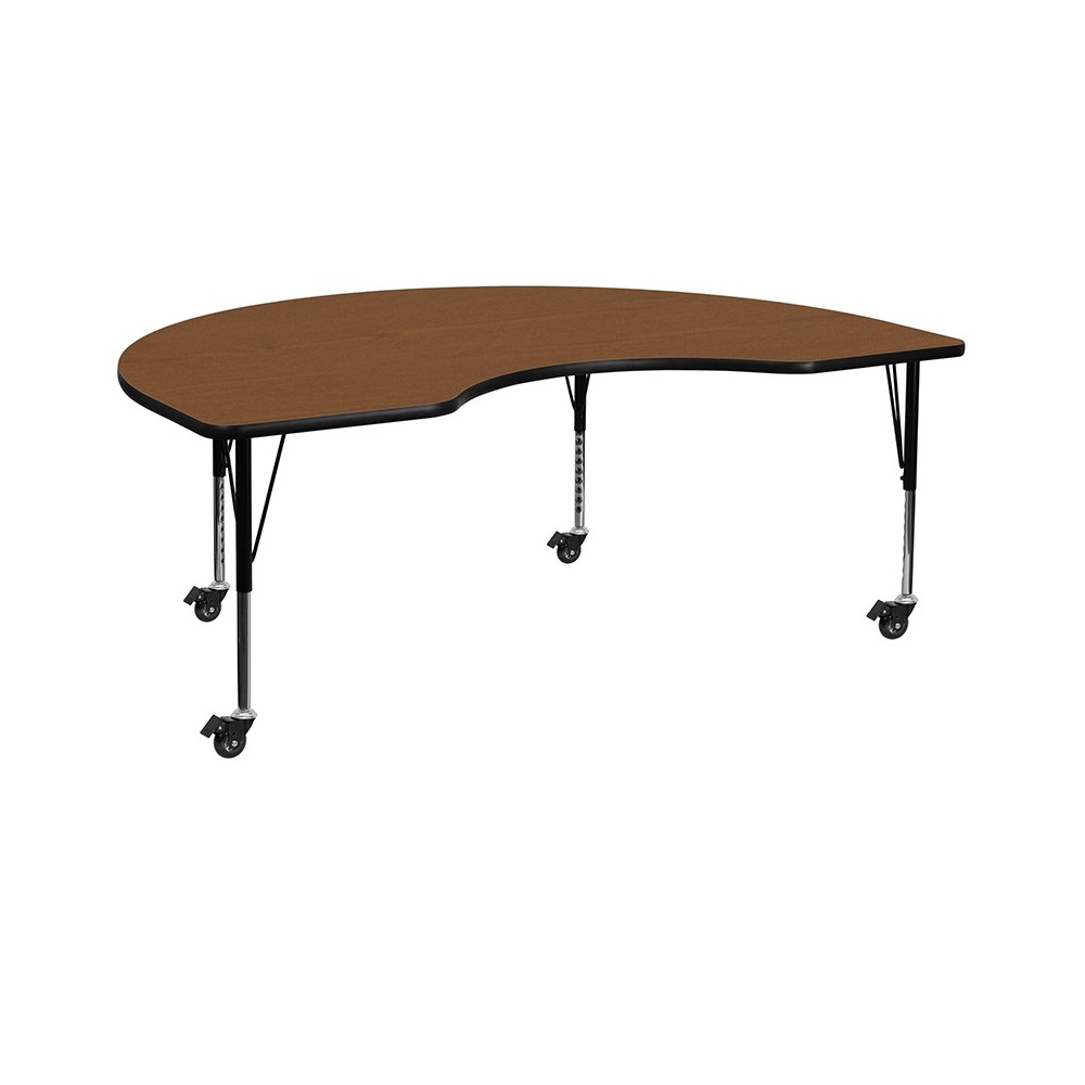 Mobile 48''W x 72''L Kidney Oak HP Laminate Activity Table - Height Adjustable Short Legs