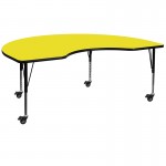 Mobile 48''W x 72''L Kidney Yellow HP Laminate Activity Table - Height Adjustable Short Legs