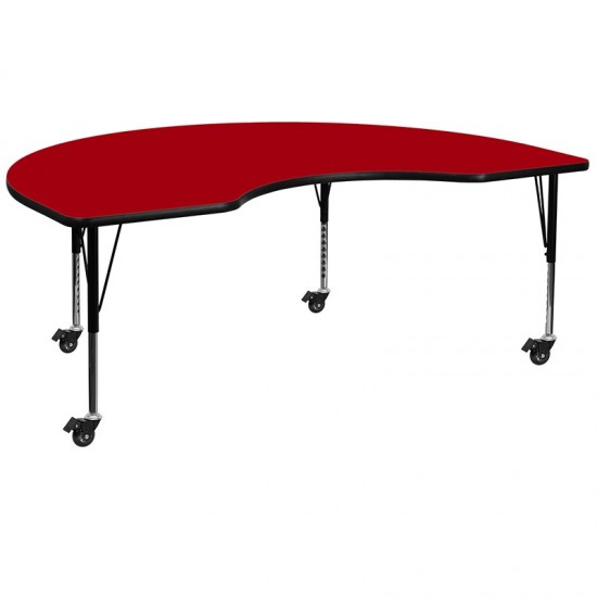 Mobile 48''W x 72''L Kidney Red Thermal Laminate Activity Table - Height Adjustable Short Legs