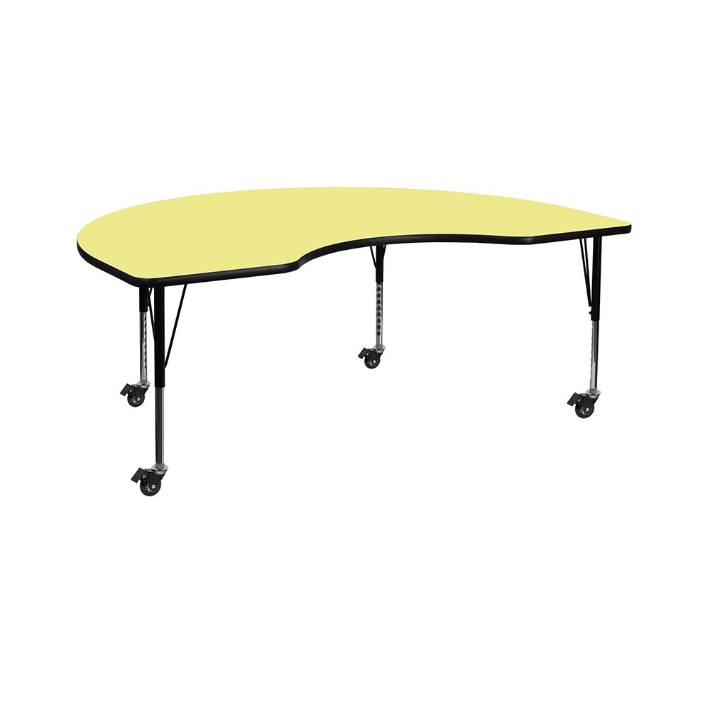 Mobile 48''W x 72''L Kidney Yellow Thermal Laminate Activity Table - Height Adjustable Short Legs