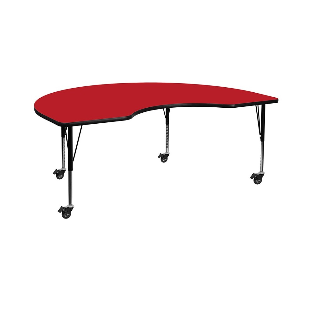 Mobile 48''W x 96''L Kidney Red HP Laminate Activity Table - Height Adjustable Short Legs Mobile 48''W x 96''L Kidney Red HP Laminate Activity Table - Height Adjustable Short Legs