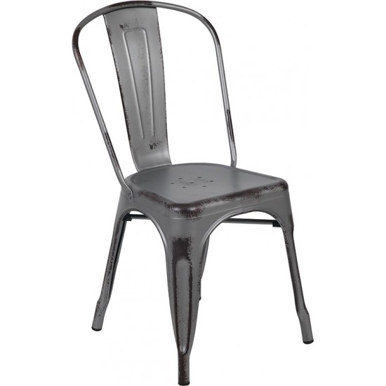 Commercial Grade Distressed Silver Gray Metal Indoor-Outdoor Stackable Chair