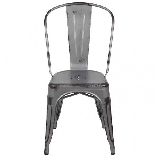 Commercial Grade Distressed Silver Gray Metal Indoor-Outdoor Stackable Chair