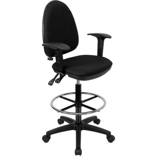 Mid-Back Black Fabric Multifunction Ergonomic Drafting Chair with Adjustable Lumbar Support and Adjustable Arms