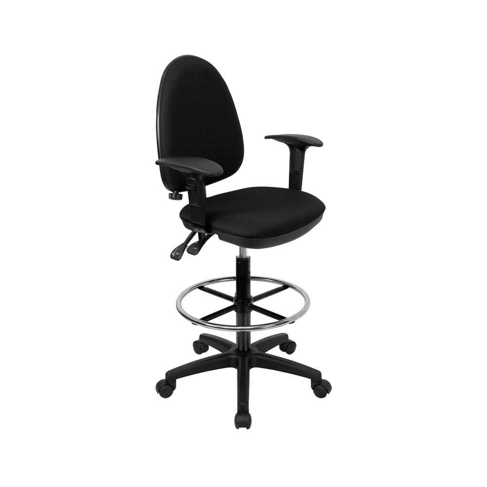 Mid-Back Black Fabric Multifunction Ergonomic Drafting Chair with Adjustable Lumbar Support and Adjustable Arms