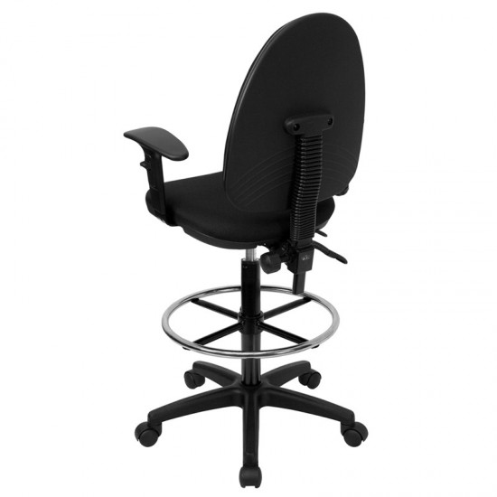 Mid-Back Black Fabric Multifunction Ergonomic Drafting Chair with Adjustable Lumbar Support and Adjustable Arms