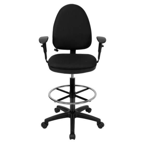 Mid-Back Black Fabric Multifunction Ergonomic Drafting Chair with Adjustable Lumbar Support and Adjustable Arms