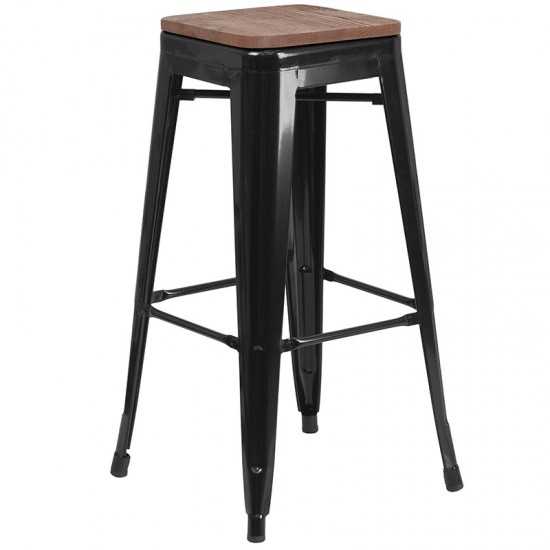 30" High Backless Black Metal Barstool with Square Wood Seat