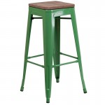 30" High Backless Green Metal Barstool with Square Wood Seat