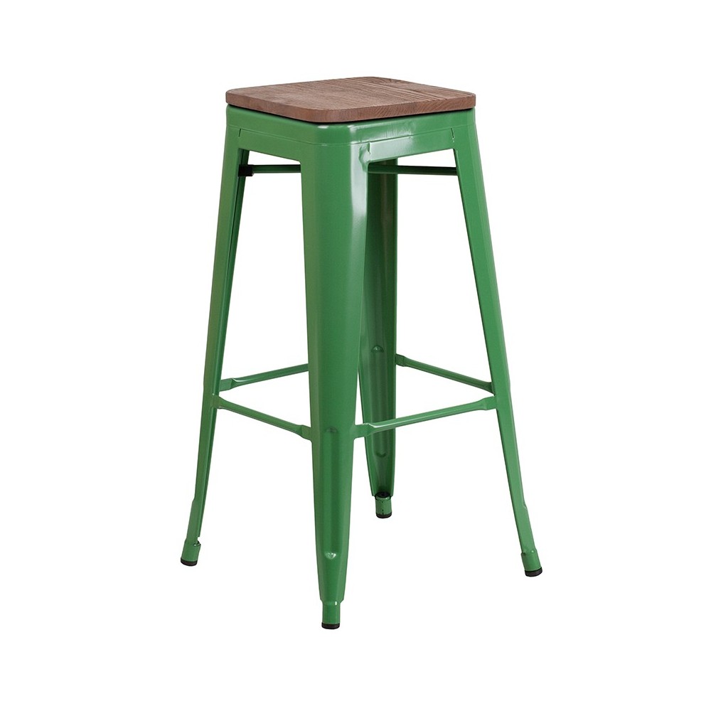 30" High Backless Green Metal Barstool with Square Wood Seat