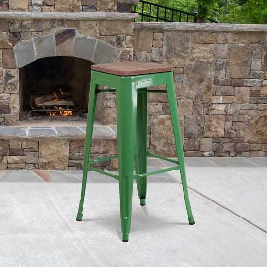 30" High Backless Green Metal Barstool with Square Wood Seat