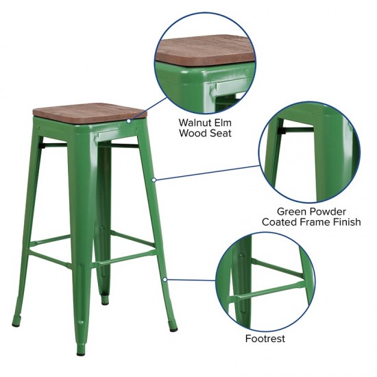 30" High Backless Green Metal Barstool with Square Wood Seat