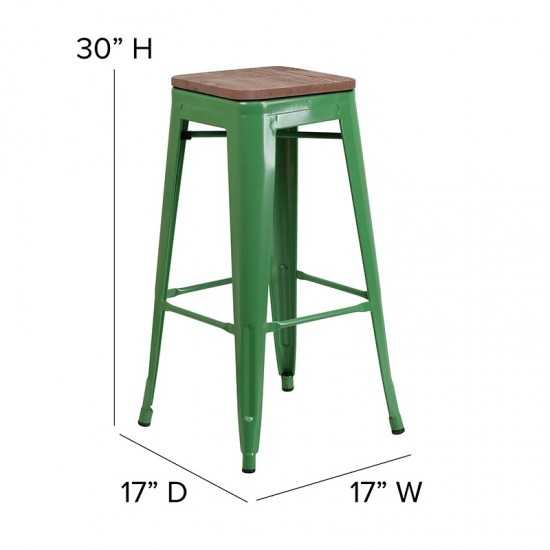 30" High Backless Green Metal Barstool with Square Wood Seat