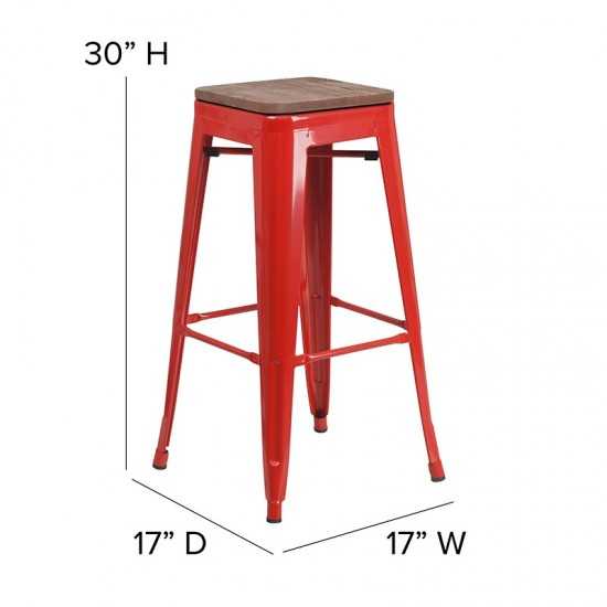 30" High Backless Red Metal Barstool with Square Wood Seat