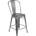 Commercial Grade 24" High Distressed Silver Gray Metal Indoor-Outdoor Counter Height Stool with Back