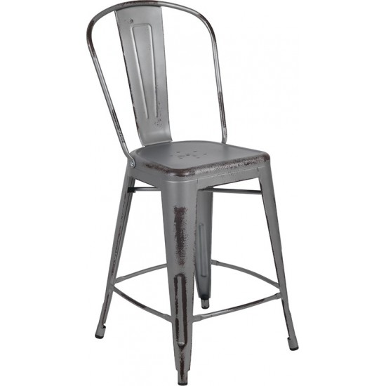 Commercial Grade 24" High Distressed Silver Gray Metal Indoor-Outdoor Counter Height Stool with Back