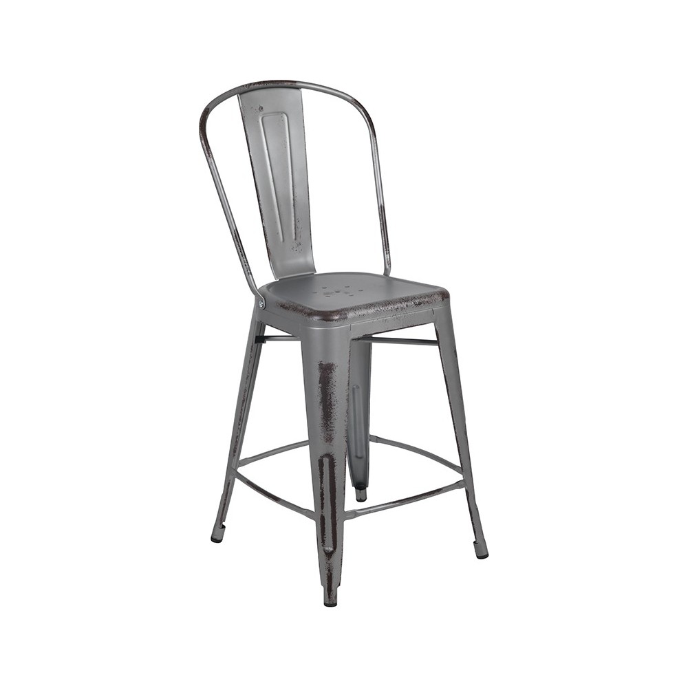 Commercial Grade 24" High Distressed Silver Gray Metal Indoor-Outdoor Counter Height Stool with Back