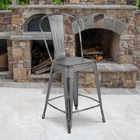 Commercial Grade 24" High Distressed Silver Gray Metal Indoor-Outdoor Counter Height Stool with Back