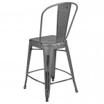 Commercial Grade 24" High Distressed Silver Gray Metal Indoor-Outdoor Counter Height Stool with Back