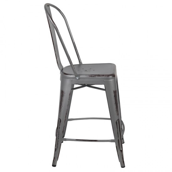 Commercial Grade 24" High Distressed Silver Gray Metal Indoor-Outdoor Counter Height Stool with Back