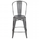 Commercial Grade 24" High Distressed Silver Gray Metal Indoor-Outdoor Counter Height Stool with Back