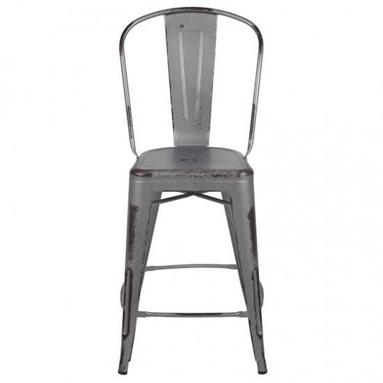 Commercial Grade 24" High Distressed Silver Gray Metal Indoor-Outdoor Counter Height Stool with Back