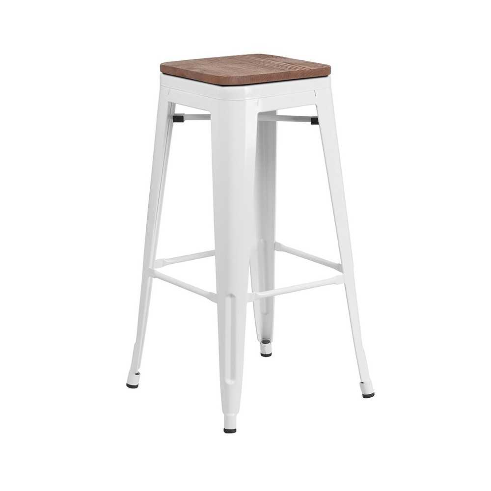 30" High Backless White Metal Barstool with Square Wood Seat