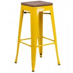 30" High Backless Yellow Metal Barstool with Square Wood Seat