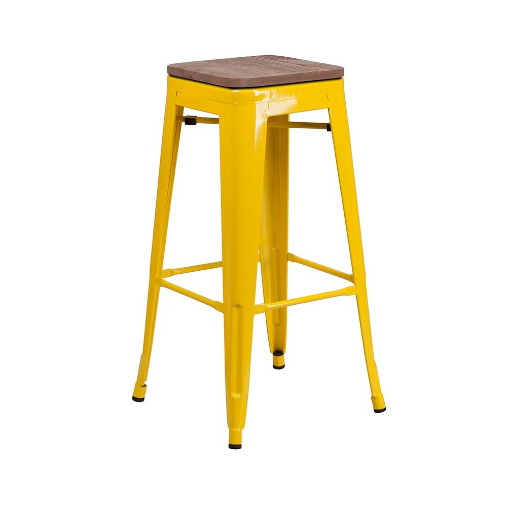 30" High Backless Yellow Metal Barstool with Square Wood Seat