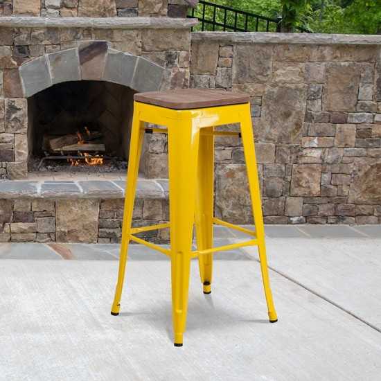 30" High Backless Yellow Metal Barstool with Square Wood Seat